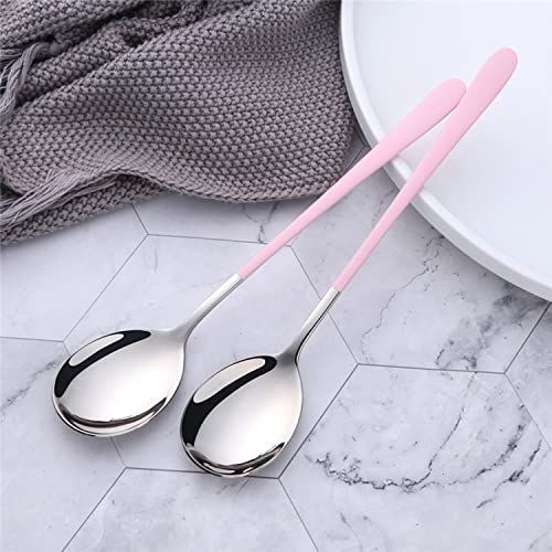 Image of Stainless Steel Dinner /Table Spoons, Silver Elliptical Head, Spoon Set, Length 21 cm, Set of 2, Pink