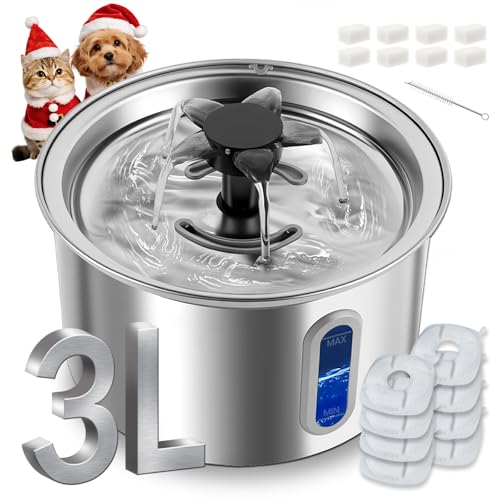 ZOESEEK 3L/101oz Stainless Steel Cat Water Fountain for Indoor Use - Ultra Quiet Automatic Cat Fountain for Drinking, Pet Water Foutain for Cat with LED Window, Easy to Clean (8 Filters & 8 Sponges)