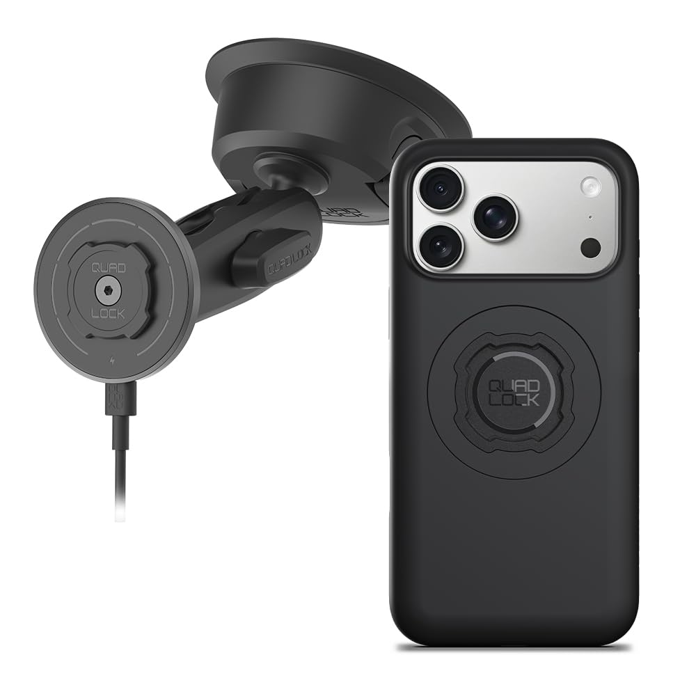 Quad Lock Soporte de teléfono de coche con ventosa resistente con funda para teléfono MAG y cabezal de carga inalámbrico MAG para iPhone 17 Pro Max