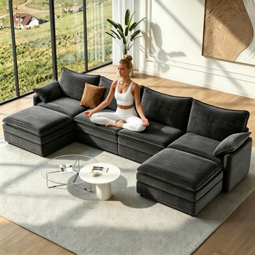Image of Vesgantti 142 inch U Shaped Sectional Modular Couch, Comfy Cloud Sofa, Grey | Deep Seat Cloud Sectional Sofa with 2 Ottomans, Modern Corduroy Couches for Living Room, Office, Apartment