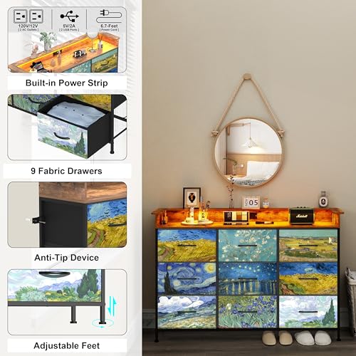 Image of EXOTICA Welfuturer Dresser for Bedroom Van Gogh Dressers with 9 Drawers Chest of Drawers Fabric Clothes Drawer Fabric Closet Organizer for Living Room Entryway Nursery Sturdy Steel Frame Wood Top