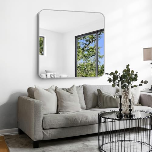 Image of Silver Bathroom Mirror, 42 x 42 Inch Silver Square Mirror, Metal Framed Rectangular Vanity Mirror, Rounded Corner Wall Mounted Mirror for Living Room Bedroom Entryway Hangs Horizontal /Vertical
