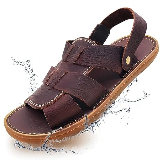 ZLUXURQ Sandálias masculinas de couro macio para caminhadas ao ar livre - Sandálias de praia casuais de luxo, Marrom alforjado., 6.5-7