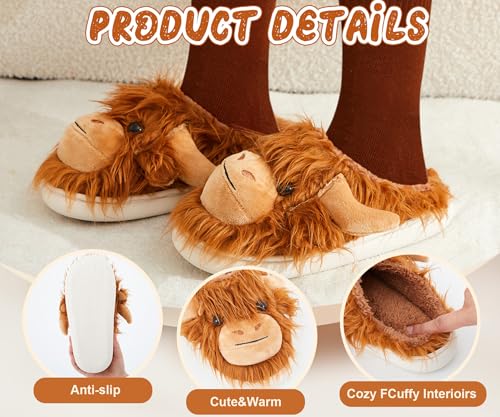 Highland Cow Slippers for Women Men Plush Animal Slippers with Cotton Scottish Socks3