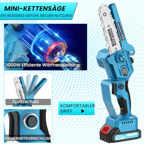 Schwarzes Gehäuse der bürstenlosen AUKUZI Kettensäge mit LED-Akkustand-Anzeige und automatischer Ölpumpe