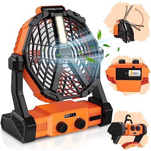 Rychi Campingventilator mit 8000 mAh wiederaufladbarem Akku, tragbarer persönlicher Ventilator mit Haken, 3 Geschwindigkeiten, 2 Leuchtmodi, Trockenzellenbatterien können hinzugefügt werden