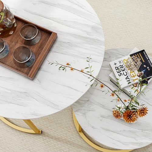 HOJINLINERO Runder Couchtisch, 2er-Set, Beistelltisch, Couchtisch für Wohnzimmer, Couchtisch aus Holz mit Stauraum und goldfarbenem Metallrahmen, modernes Beistellsofa, Tee-Beistelltisch, Wohnzimmer – Bild 6