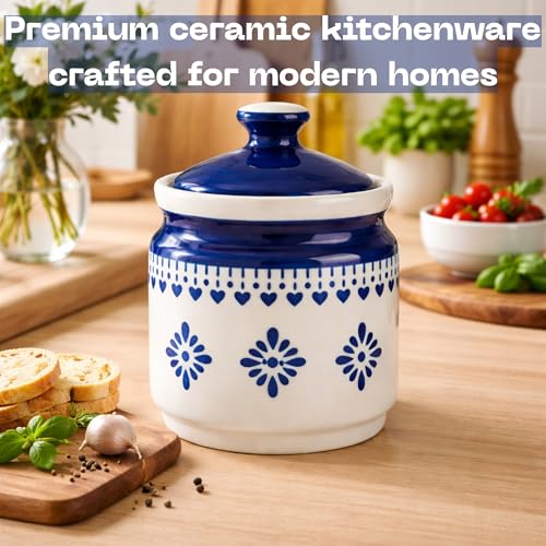 Image of Classyo Ceramic Storage Containers - 600 ml, Salt Container, Pickle Jar with lid, Ceramic Jars for Kitchen Storage for Achar and Namak (Blue Floral, Set of 1)