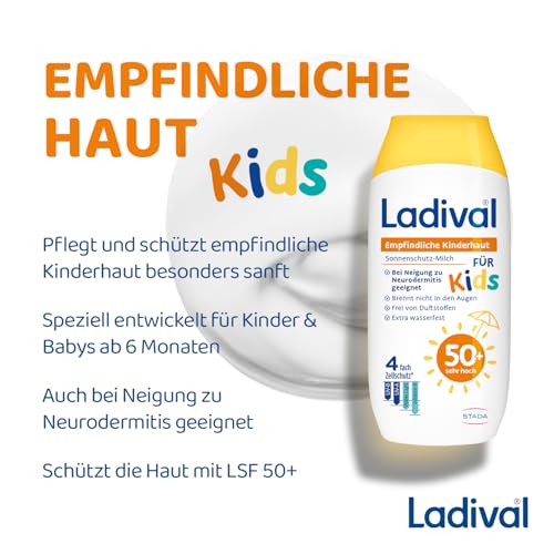 Ladival Empfindliche Kinderhaut Sonnenschutz-Milch LSF 50+: Sonnencreme für Kinder und Babys ab 6 Monaten, extra wasserfest, mit 4-fach Zellschutz, 200ml 5