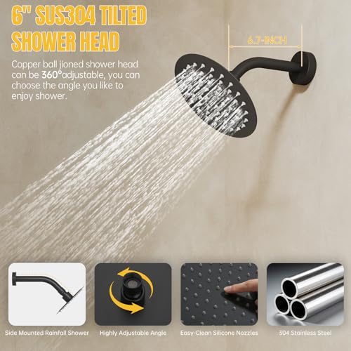 Image of BESy Shower Faucet Fixtures Set for Bathroom, 10 & 6 In Round Dual Rain Shower Head, Ceiling & Wall Mounted Rainfall Shower System, Push Button Diverter Shower Valve with 2 in 1 Handheld, Matte Black