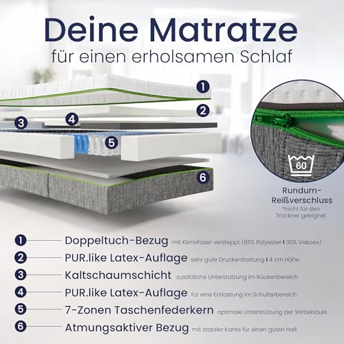 BeCo Feel Like Latex Taschenfederkernmatratze 90x200 cm mit 24 cm Höhe - 7-Zonen Matratze - PUR Like Latex Auflage - Like Latexmatratze mittelfest - Made in Germany – Bild 4