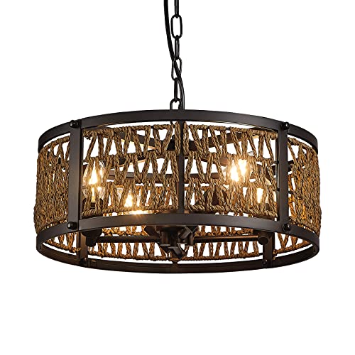Zhizenl Pendant Lights, Farmhouse Rattan Pendant Light, 4-Lights E12 Industrial Wicker Black Chandeliers Light Fixture For Dining Room, Kitchen Island, Bedrooms, Entryway #TOP5