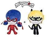 Altura aproximada 40Cm/16" Prodigiosa: Las aventuras de Ladybug- Lote de 2 Peluches: LADYBUG Y CAT NOIR 16\"/40cm