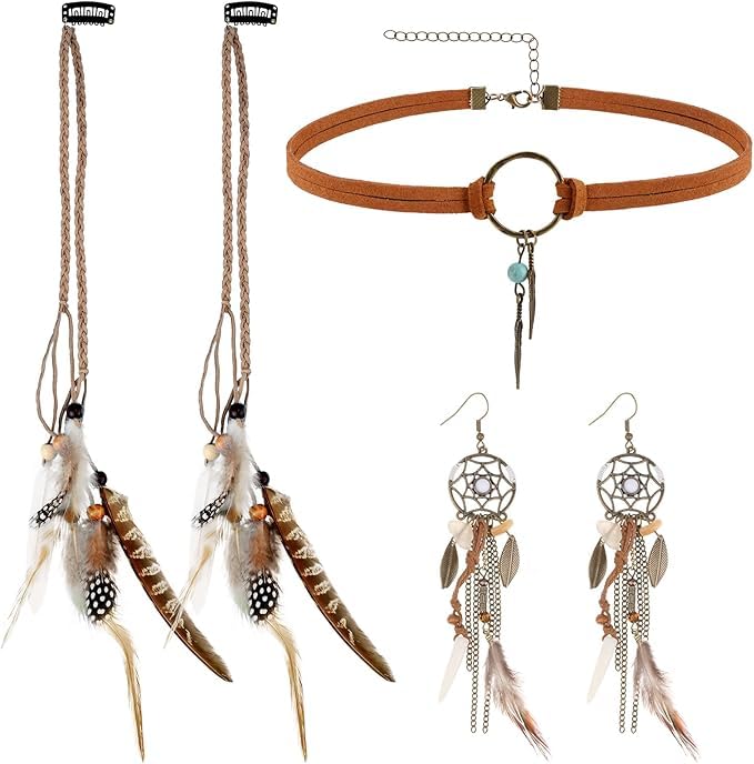 Accessori capelli piume donna set gioielli boho vintage con fermagli piumati + collana girocollo + orecchini lunghi + 2 pezzi + marrone
