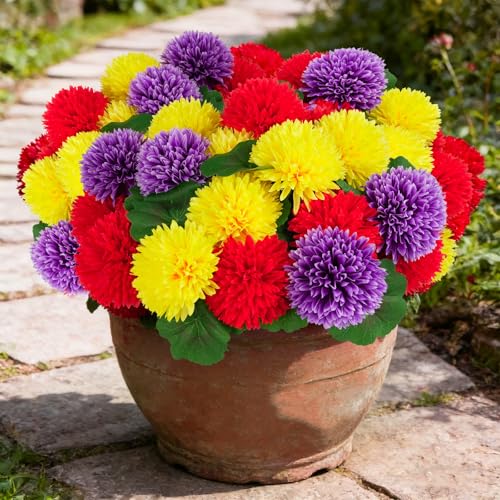 HAIDOLIANG Artificial Flowers for Outdoors, 6 Bundles Globe Daisy Silk Flower UV Resistant with Eucalyptus, Garden Plants Faux Flowers for Porch, Patio, Table Centerpieces Decor (Red, Purple, Yellow)