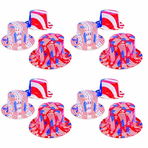Fun Express Patriotic USA Hat Collection - 12 Pack Red White Blue American Flag Plastic Hats for 4th of July Decorations | Uncle Sam Style Photo Booth Props for Memorial Day & Veterans Day Parties