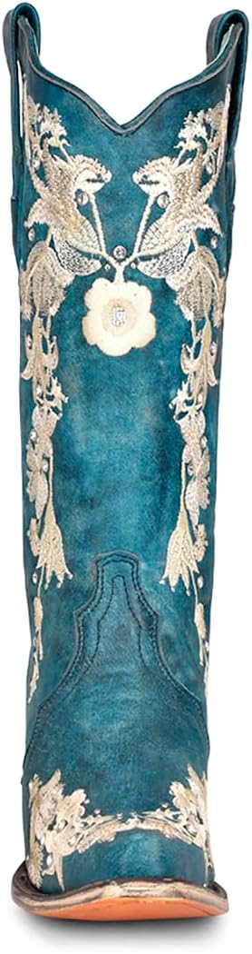 Corral Boots Women's Navy Blue Handcrafted Cowboy Boots | Snip Toe Western Boots with White Floral Embroidery and Crystals Design