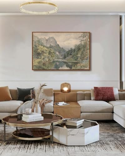 Image of KISSFOX Vintage Framed Wall Art Decor Rustic Landscape Pictures Wall Decor Spring Wildflowers Scenery Canvas Art Prints Countryside Cottage Paintings Artwork For Bedroom Living Room Kitchen