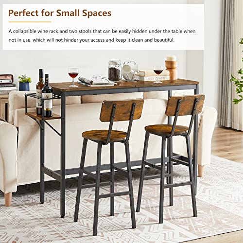 Tatub Bar Table And 2 Chairs Set, Industrial Style 3 Pieces Pub Dining Table Set With Collapsible Bottle Holder, 2 Bar Stools With Backrest For Kitchen, Apartment, Small Space #TOP5