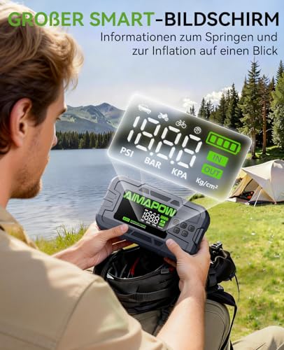 AIMAPOW 8000A Starthilfe Powerbank mit Kompressor 160 PSI, Auto Starthilfe für Benzin & 12L Diesel, Notstart bei leerer Batterie, Schnellstart in 3s, mit 600LUM LED & 4.2'' Display