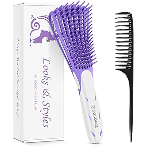 Detangle Hair Brush, Detangler Brush for Women Girls Wet Dry Afro 3a to 4c Thick Frizzly Wavy Kinky Curly Coily Natural Hair, Detangling Hairbrush with Hair Comb (Purple with White) Cover