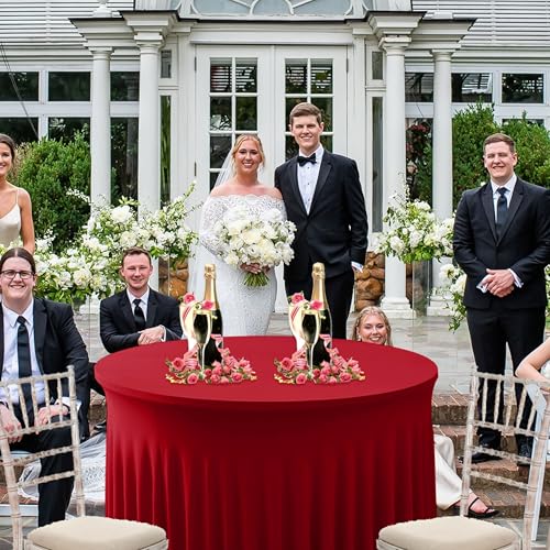 Image of HolidayIdeas 6 Pack Red Spandex Table Skirt for 60 Inch Round Tables, Fitted Stretch Tablecloth for 5 Ft Circular Tables, Wrinkle Resistant Ruffle Design for Valentine's Day, Monther's Day, Weddings