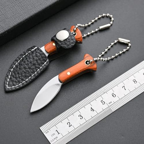 Image of Mini Knife Keychain, Real Damascus Style Tiny Chef Knives with Wooden Handle, Pocket Cleaver, EDC Miniature Weapon Keychains for Gifting, Decoration & Collectors