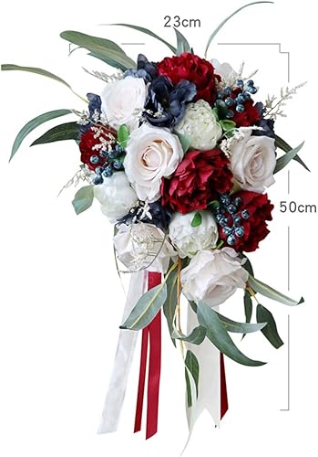 Miniatura 3 de Ramos de boda para novia, ramo de dama de honor, peonía roja vino europeo, flores artificiales, gotas de agua, flores de cascada, ramos de novia