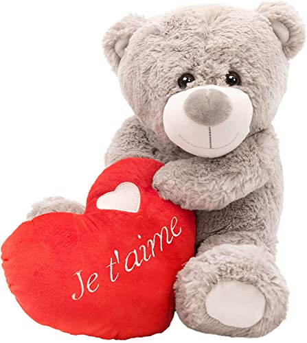 ILOVEFANCYDRESS Ours en Peluche Gris de 40 cm Tenant dans Ces Bras Un cœur sur lequel est écrit I Love You. Ideal pour la St. Valentin.