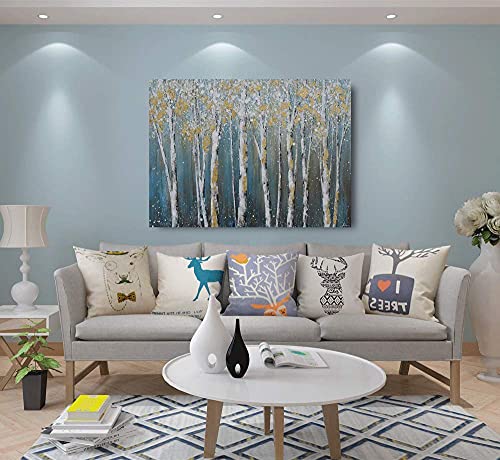 Image of Yihui Arts Canvas Wall Art Blue Tree Forest Landscape Picture Prints, Modern Birch Trees Nature Woods Abstract Artwork Framed Ready to Hang for Home Office Living Rooms (Gold Foil, 20Wx28L)