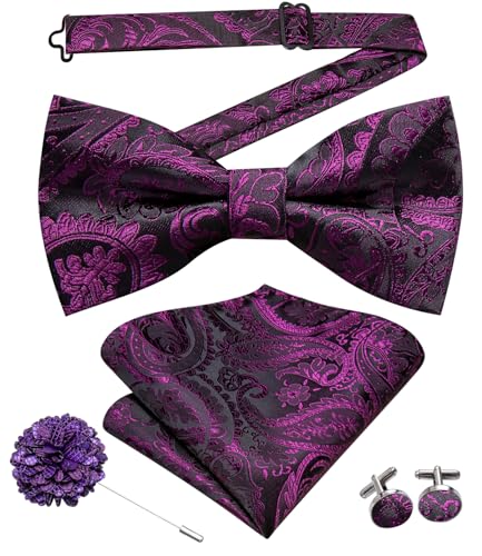 Image of Hi-Tie Mardi Gras Bow Tie Men Pre Tied Bowtie Pocket Square Cufflinks Lapel Pin Formal Wedding Bow Ties for Men Party Tuxedo Bowtie Set,Black Purple Paisley Floral