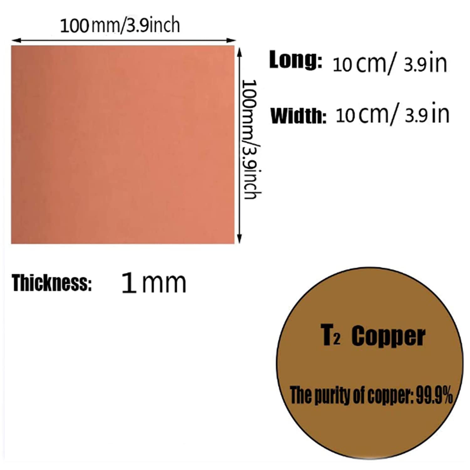 Plaque de Cuivre T2 Bonne Feuille de Métal Conductrice Pour Soudage Industriel/1.0Mm/300X300Mm