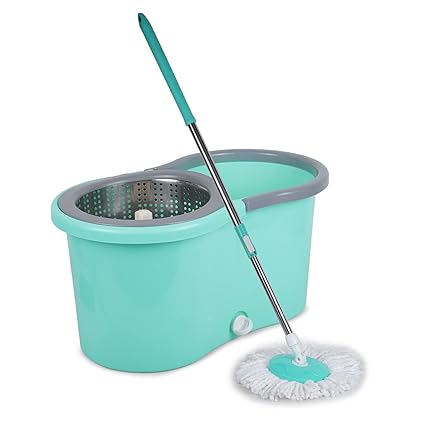 Mop Bucket with Big Wheel Microfiber Mop with 2 Refill Easy Cleaning. for Home, Kitchen, Office and Retail Shops, Adjustable Height and Clip Lock Handle Self-Wringing 360 degree Spinner Sold by Happy Goods