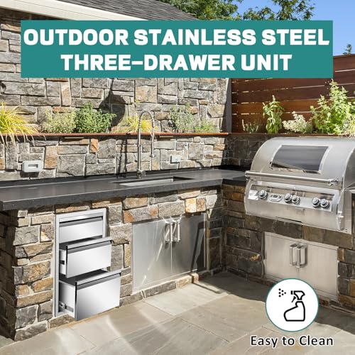 Image of Outdoor Kitchen Drawers 14 inch W x 25.4 inchH x 21 inchD Stainless Steel Drawer BBQ Triple Drawers with Hidden Handle for Outdoor Kitchen Island, Patio Grill Station