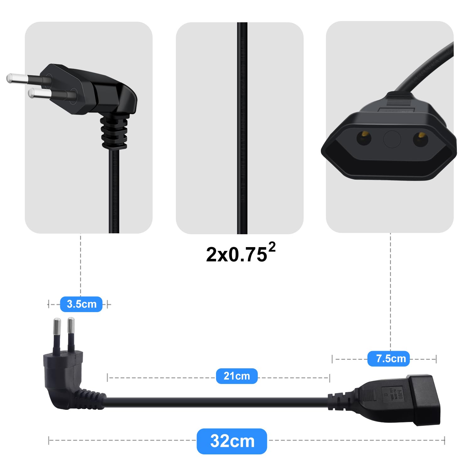 HuaLiSiJi Euro Verlengkabel 2,5A 250V 625W Verlengkabel Eurostekker Euro kabel Plat Eurostekker 90 Graden Kort Voor Huishoudelijke, Apparaten TV PC Computer Monitor Enz (Zwart, 0.3m
