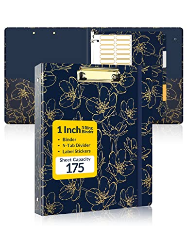 SUNEE 3 Ring Binder 1 Inch, Cute Clipboard Binder with 2 Pockets, 5 Tab Dividers, Decorative Three Ring Binder (Gold Rose on Navy Design) Heavy Duty (Fit 8.5×11 Inches) for Office Supplies