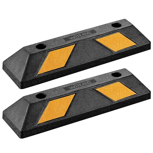 Wiltec Juego 2 topes de aparcamiento 55 x 15 x 10 cm caucho con bandas reflectoras alta visibilidad topes de rueda de fácil instalación ideal para garajes, parkings y zonas de estacionamiento