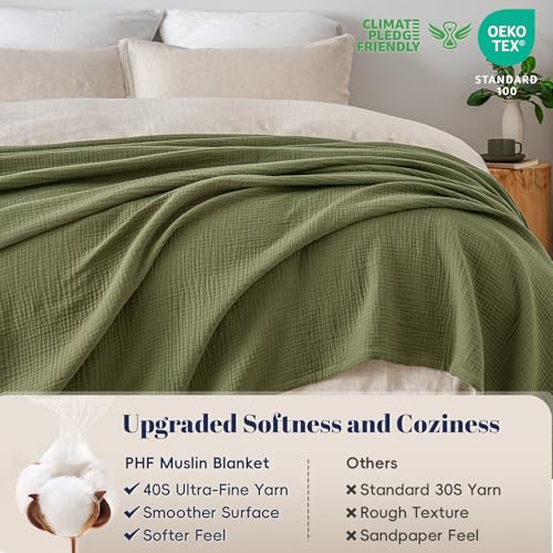 PHF 100% Cotton Muslin Blanket for Adults, Queen Size 90"X90", Olive Green by PHF - Used condition - Image 4