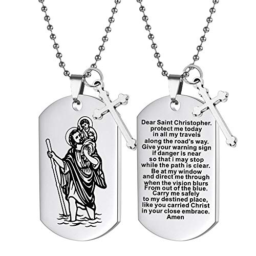 SUN MOON SEA Catholic Saint Christopher Necklace Cross Stainless Steel Keychain Male Pendant Jewelry Blessing Necklace Bless Christianity