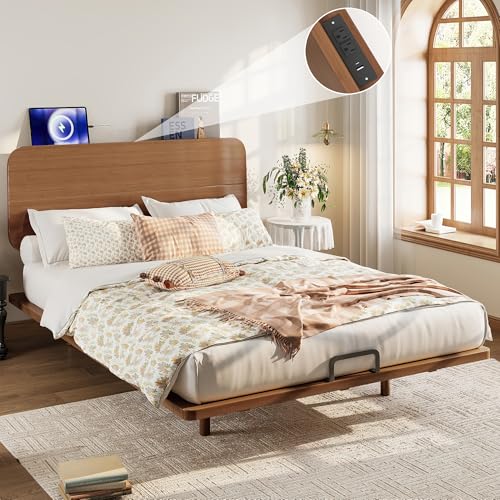 Image of Bellemave Queen Size Bamboo Bed Frame with Headboard,Bamboo Floating Platform Bed Frame Queen Size with Charging Station and Wood Slats,Easy Assembly,Warm Brown