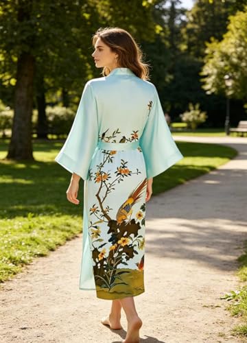 Image of Women's Classic 100% Silk Kimono Robe, Bathrobe-Printed Pattern