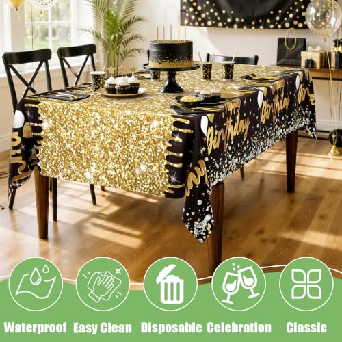 Image of Smiry Plastic Table Cloth Disposable 3 Pack, 54 x 108 Inch Rectangle Waterproof Tablecloth, Printed Gold Table Runner Style for Birthday Weeding, Party Decorations, Leakproof & Sturdy, Black and Gold