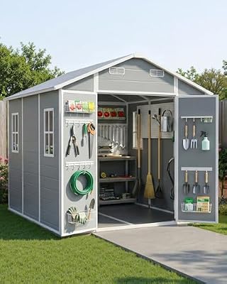 Pugire Outdoor Resin Storage Shed 8x6 FT, Plastic Garden Tool Shed with Lockable Door, Weather Resistant Utility Storage House for Lawn Equipment Bike Trash Can, Backyard Patio, Grey