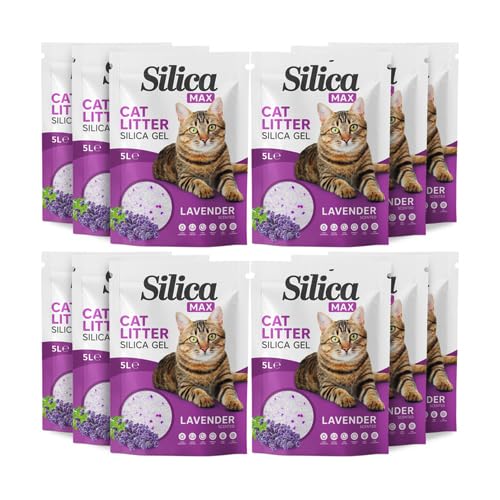 FabFinds Silica Max Cat Litter Antibacterial Gel Non-clumping Long Lasting Odour Control Dust Free Cat Litter 5L (12 Pack Lavender 5L)