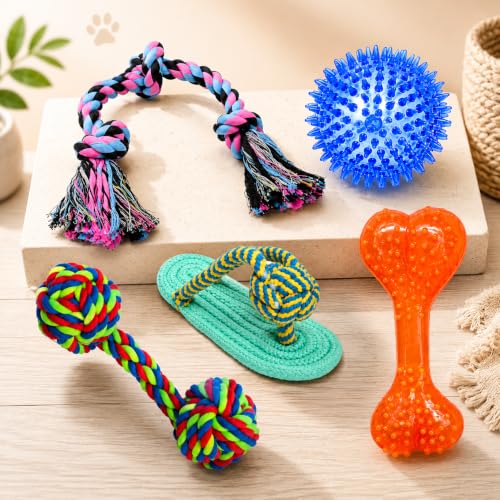 Image of Dog Rope Toy Set for Aggressive Chewers, Interactive Puppy Chew Toys, Cotton Rope Tug Toy, Rubber Spiky Ball, TPR Bone, Rope Ball, Rope Ring Toy for Small Medium Large Dogs