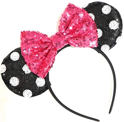 CLGIFT Polka Sequin Minnie Ears,Pick your color, Iridescent Minnie Ears, Silver gold blue minnie ears, Rainbow Sparkle Mouse Ears,Classic Red Sequin Minnie Ears (Polka Sequin Pink)