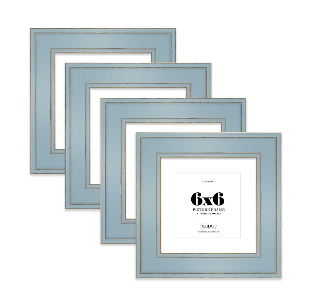 6x6" Cornflower Blue Square Picture Frame with 4x4" Mount - Shabby Chic Photo Frame with Distressed Finish, Gold Trim, Wall Hooks and Kickstand, 37mm Edge - 4 Pack