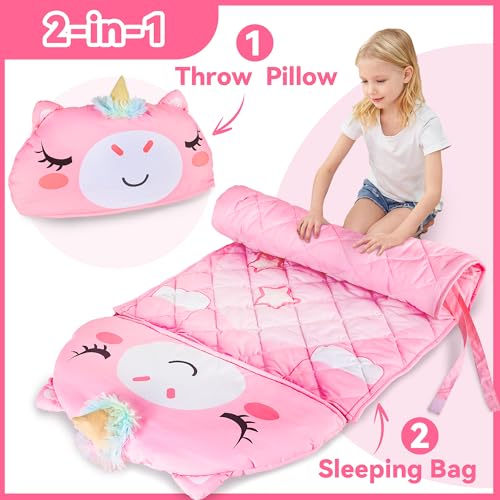 iplay ilearn kid sleeping bag unicorn slumber sack toddler girl nap mat 2 in 1 pink animal cushion blanket happy travel sleepover daycare preschool birthday gift for 3 4 5 6 year old child