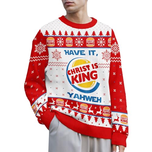 Image of 99TIMORO Burger Christ Ugly Christmas Sweater for Men and Women, Holiday Pullover Novelty Crewneck Sweatshirt, Festive Outfit Gift