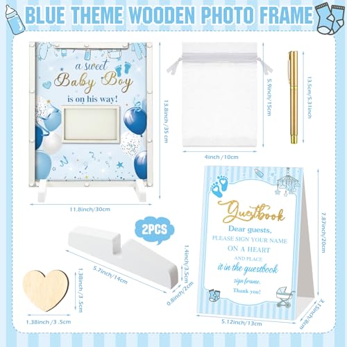 Image of Beeveer 65 Pcs Baby Shower Guest Book Alternatives for Boy Blue Baby Shower Sign in Guest Book with Picture Frame and 60 Wooden Heart Chip and Blue Signature Board Keepsake Gifts